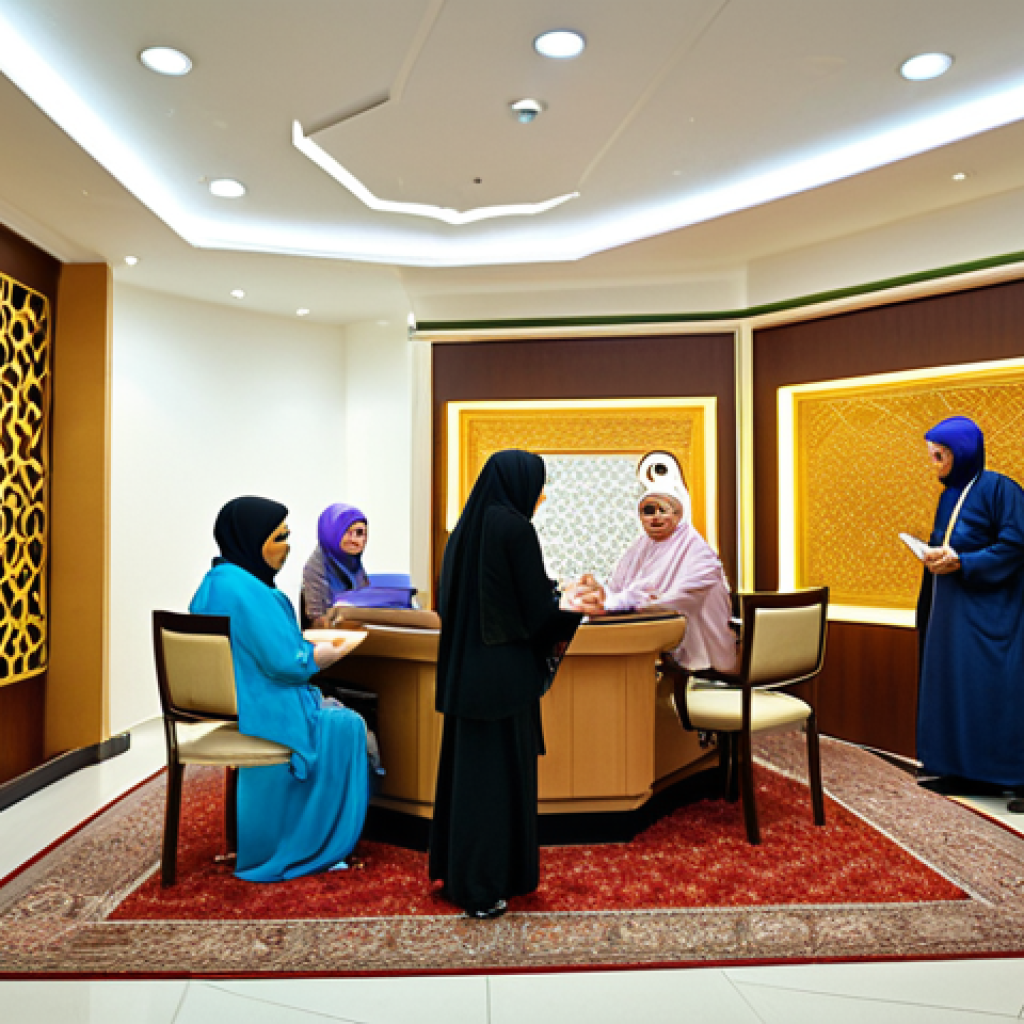 **Image Prompt:** A modern Bruneian Islamic bank interior, showcasing a diverse group of customers and employees interacting. The design incorporates Islamic geometric patterns and calligraphy, conveying a sense of trust and ethical finance. Focus on the concept of profit sharing and ethical banking.
