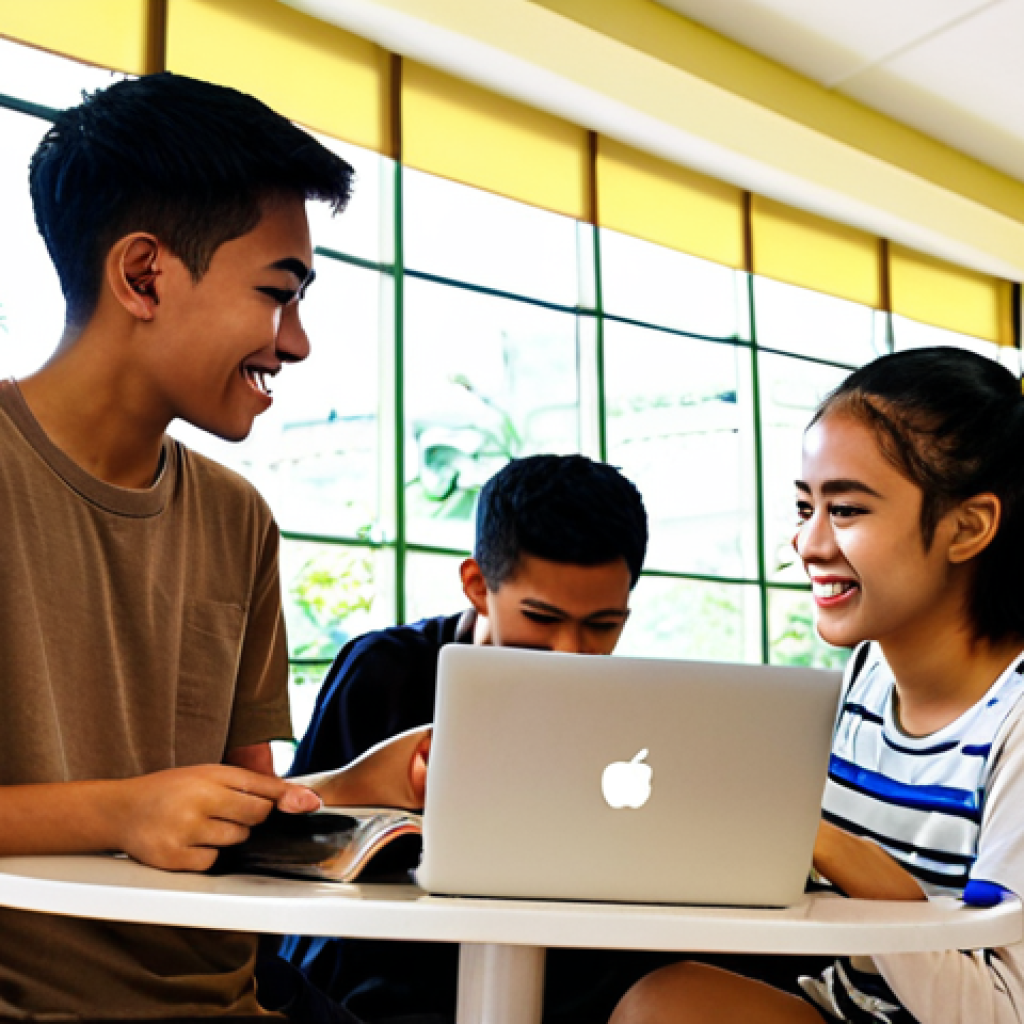 A vibrant scene inside a modern, sunlit cafe or university common area in Bandar Seri Begawan, Brunei. A diverse group of young Bruneian students and friends are engaged in animated conversation, clearly communicating in fluent English. They are surrounded by laptops, books, and coffee cups, showcasing a dynamic and intellectually stimulating environment. The mood is bright, optimistic, and reflective of a globalized youth culture. Realistic, high-definition photography.