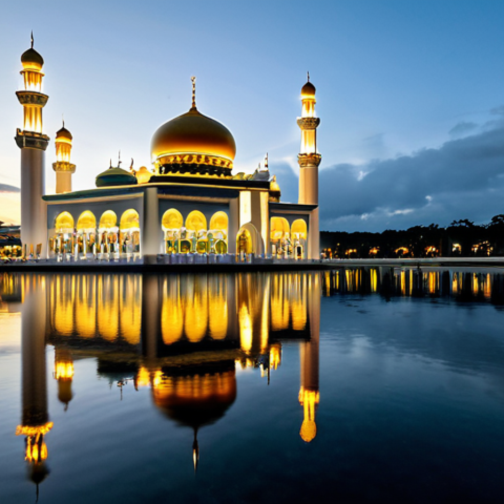 A diverse group of adults, fully clothed in modest, respectful attire, stands admiring the majestic Jame' Asr Hassanil Bolkiah Mosque at dusk in Brunei. The mosque's golden domes and intricate architecture are brilliantly illuminated, reflecting peacefully on the still water. The atmosphere is serene and culturally rich. professional photography, high quality, perfect anatomy, natural proportions, well-formed hands, proper finger count, natural body proportions, safe for work, appropriate content, fully clothed, professional.