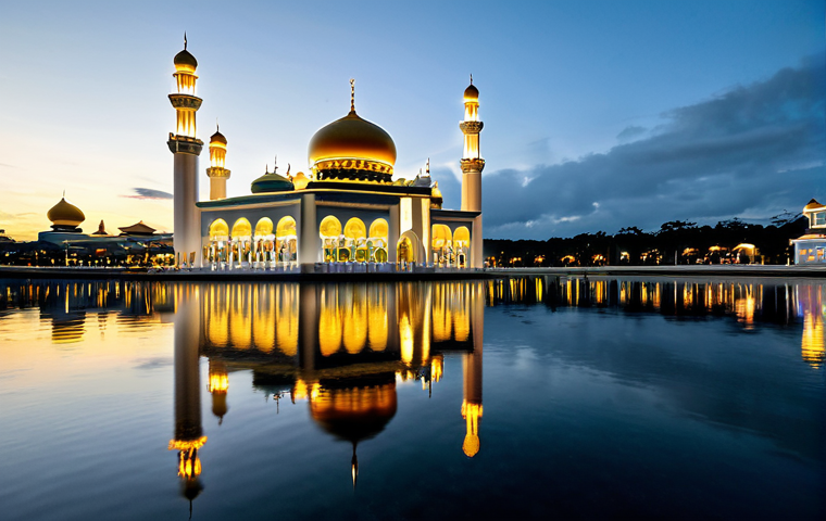 A diverse group of adults, fully clothed in modest, respectful attire, stands admiring the majestic Jame' Asr Hassanil Bolkiah Mosque at dusk in Brunei. The mosque's golden domes and intricate architecture are brilliantly illuminated, reflecting peacefully on the still water. The atmosphere is serene and culturally rich. professional photography, high quality, perfect anatomy, natural proportions, well-formed hands, proper finger count, natural body proportions, safe for work, appropriate content, fully clothed, professional.