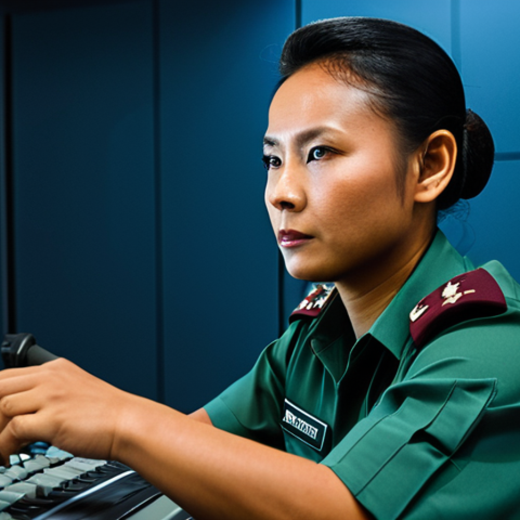 A professional Bruneian military officer, fully clothed in a modern, modest military uniform, is expertly operating advanced flight simulation equipment in a high-tech training facility. The setting is clean and futuristic, showcasing cutting-edge technology and a focus on precision training. The officer's expression is focused and determined. safe for work, appropriate content, family-friendly, fully clothed, perfect anatomy, correct proportions, natural pose, well-formed hands, proper finger count, natural body proportions, professional photography, high quality.