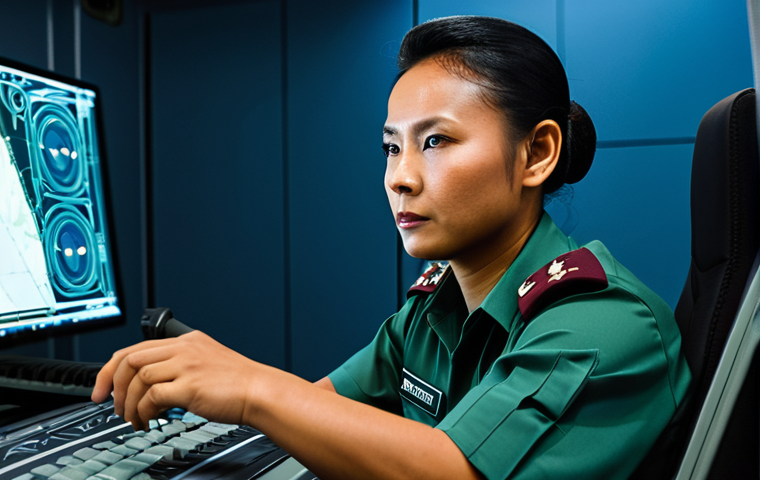 A professional Bruneian military officer, fully clothed in a modern, modest military uniform, is expertly operating advanced flight simulation equipment in a high-tech training facility. The setting is clean and futuristic, showcasing cutting-edge technology and a focus on precision training. The officer's expression is focused and determined. safe for work, appropriate content, family-friendly, fully clothed, perfect anatomy, correct proportions, natural pose, well-formed hands, proper finger count, natural body proportions, professional photography, high quality.