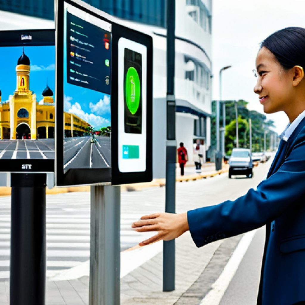 **Prompt:** A young professional, fully clothed in modest business attire, interacts with a transparent smart display on a bustling, modern city street in Brunei. The background features smart traffic lights, efficient public transportation, and clean, contemporary architecture, reflecting a seamlessly connected urban environment. The scene emphasizes convenience and technological integration in daily life. Professional photography, high detail, realistic, perfect anatomy, correct proportions, natural pose, well-formed hands, proper finger count, natural body proportions, safe for work, appropriate content, fully clothed, professional, family-friendly.