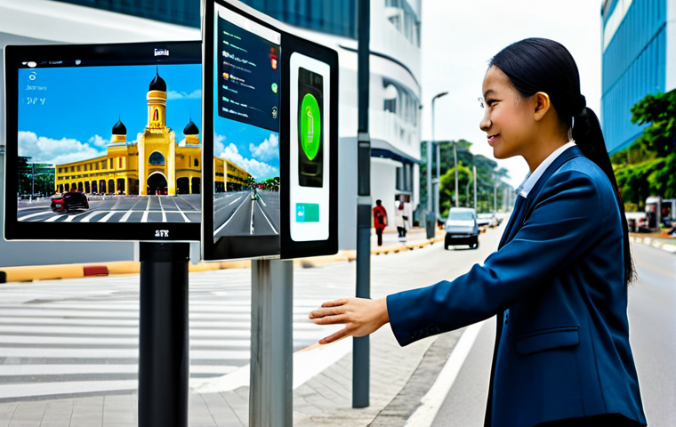 **Prompt:** A young professional, fully clothed in modest business attire, interacts with a transparent smart display on a bustling, modern city street in Brunei. The background features smart traffic lights, efficient public transportation, and clean, contemporary architecture, reflecting a seamlessly connected urban environment. The scene emphasizes convenience and technological integration in daily life. Professional photography, high detail, realistic, perfect anatomy, correct proportions, natural pose, well-formed hands, proper finger count, natural body proportions, safe for work, appropriate content, fully clothed, professional, family-friendly.