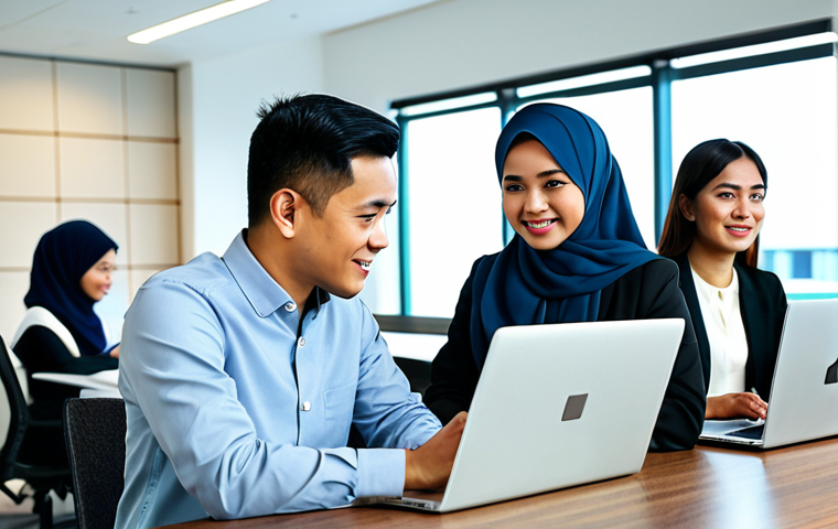 A diverse group of Bruneian professionals, men and women, in modest business attire, fully clothed, working collaboratively in a modern, well-lit co-working space. Some are using laptops, while others engage in discussion. The background features contemporary office design with subtle hints of digital innovation and regional halal industry symbols. Professional photography, high resolution, soft lighting, perfect anatomy, correct proportions, natural pose, well-formed hands, proper finger count, natural body proportions, safe for work, appropriate content, fully clothed, professional dress, family-friendly.