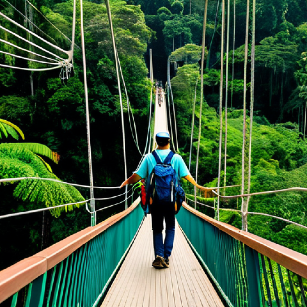 **

"A fully clothed tourist exploring the Ulu Temburong National Park in Brunei, walking on a canopy walkway amidst lush rainforest. The scene captures the vibrant greenery and diverse flora. Safe for work, appropriate content, modest attire, perfect anatomy, natural pose, professional nature photography, high quality."

**