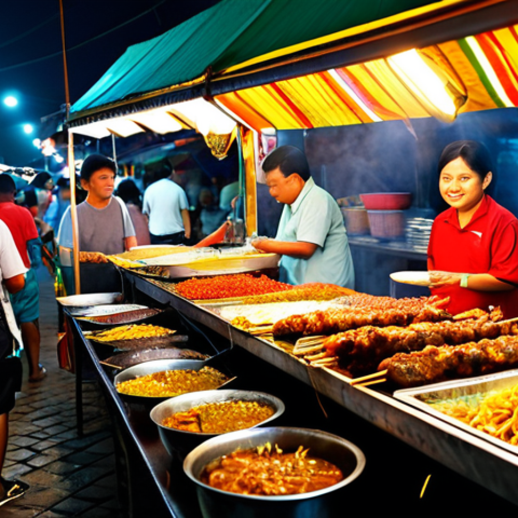 **Image Prompt:** A bustling stall at Gadong Night Market, showcasing various Brunei street foods. Focus on Satay (grilled meat skewers) with peanut sauce and Char Kway Teow (stir-fried noodles).  Lots of colorful food displays, people enjoying the food. Safe for work, appropriate content, fully clothed patrons, professional food photography, perfect anatomy (for people in background), natural proportions, family-friendly atmosphere, modest clothing.