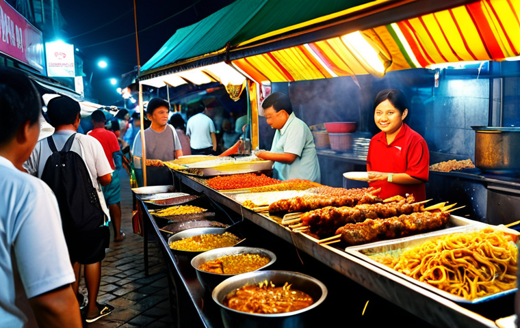 **Image Prompt:** A bustling stall at Gadong Night Market, showcasing various Brunei street foods. Focus on Satay (grilled meat skewers) with peanut sauce and Char Kway Teow (stir-fried noodles).  Lots of colorful food displays, people enjoying the food. Safe for work, appropriate content, fully clothed patrons, professional food photography, perfect anatomy (for people in background), natural proportions, family-friendly atmosphere, modest clothing.