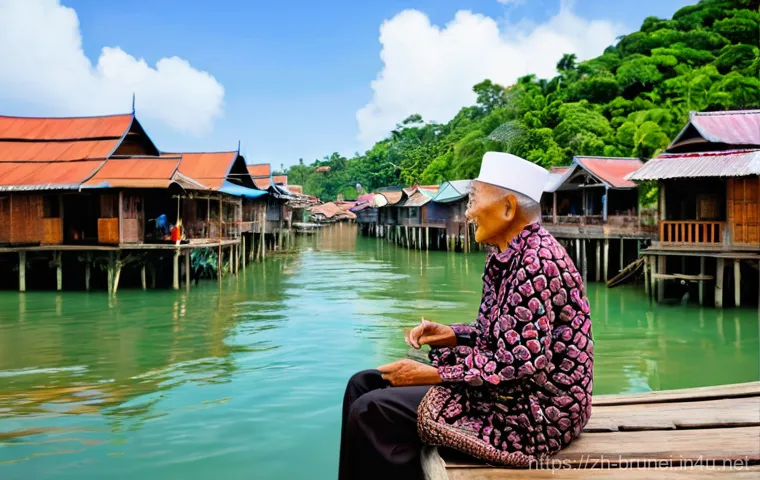 브루나이 지역별 방언 차이 - **Prompt:** A heartwarming scene in Brunei's historic Kampong Ayer (Water Village). An elderly Brune...
