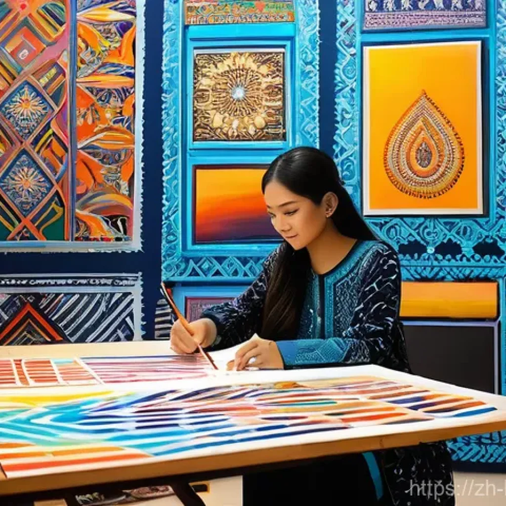 브루나이의 현대 예술 전시 - **Prompt 1: "Bruneian Contemporary Artist in a Vibrant Studio Blending Heritage and Innovation"**
  ...