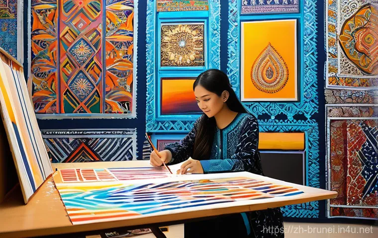 브루나이의 현대 예술 전시 - **Prompt 1: "Bruneian Contemporary Artist in a Vibrant Studio Blending Heritage and Innovation"**
  ...