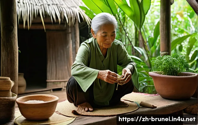 브루나이 전통 의학 - **Prompt:** An elderly Bruneian traditional female healer, with a wise and serene expression, is met...