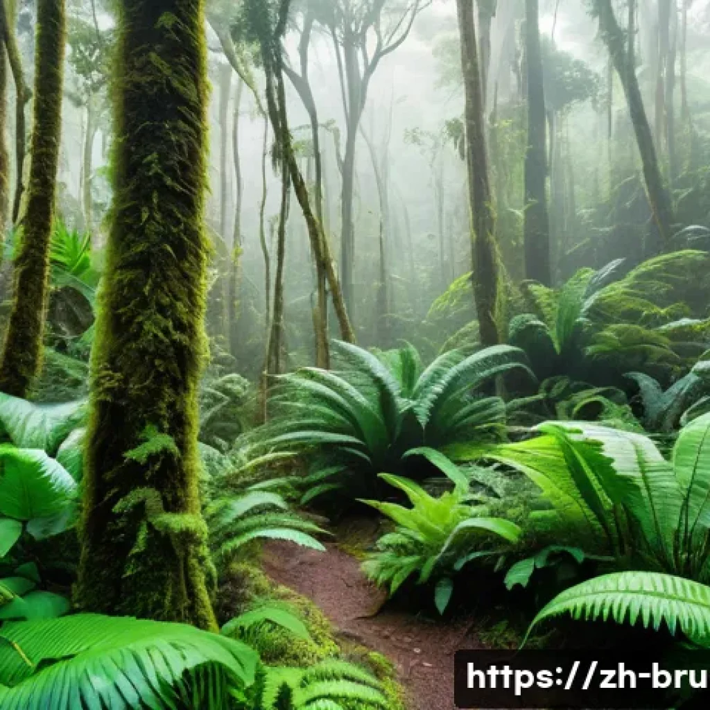 브루나이 대자연 탐험 가이드 - A vibrant scene of a tropical rainforest in Brunei during early morning light, showcasing towering a...