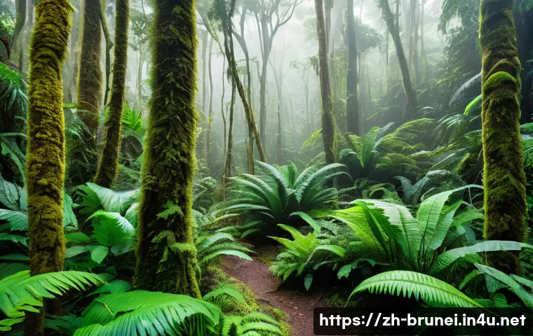 브루나이 대자연 탐험 가이드 - A vibrant scene of a tropical rainforest in Brunei during early morning light, showcasing towering a...