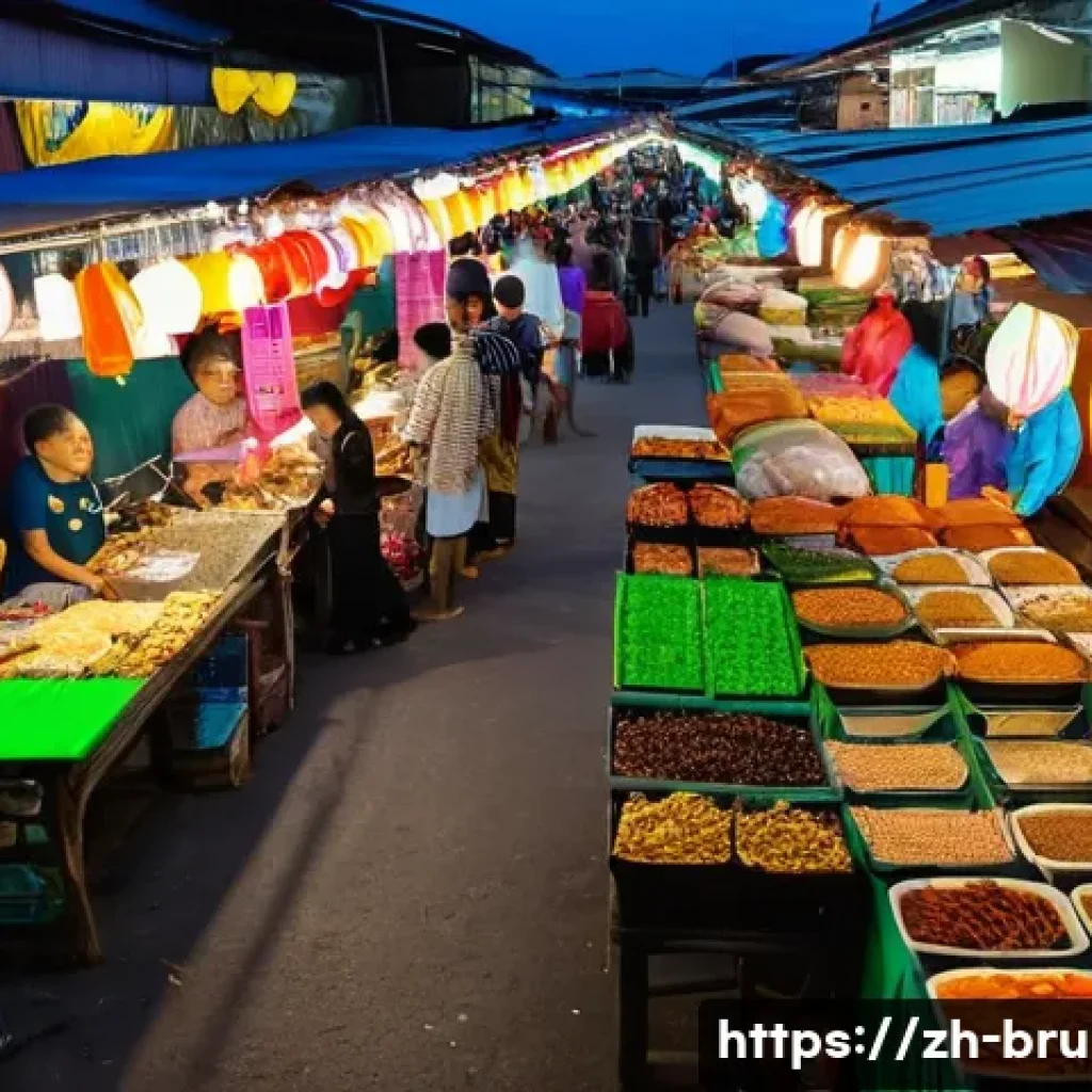 브루나이 여행 팁 - A vibrant street scene at Gadong Night Market in Brunei during the evening, filled with colorful foo...