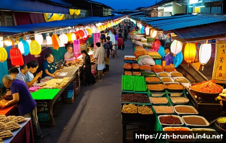 브루나이 여행 팁 - A vibrant street scene at Gadong Night Market in Brunei during the evening, filled with colorful foo...