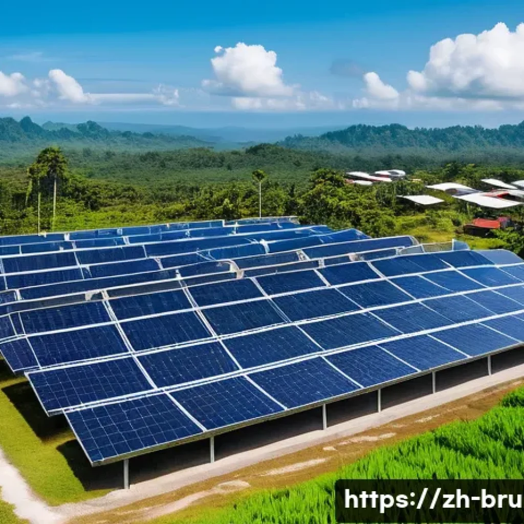 브루나이 석유 산업 변화 - A modern Brunei coastal solar power plant under a bright blue sky, featuring large, neatly arranged ...