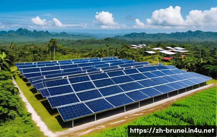 브루나이 석유 산업 변화 - A modern Brunei coastal solar power plant under a bright blue sky, featuring large, neatly arranged ...