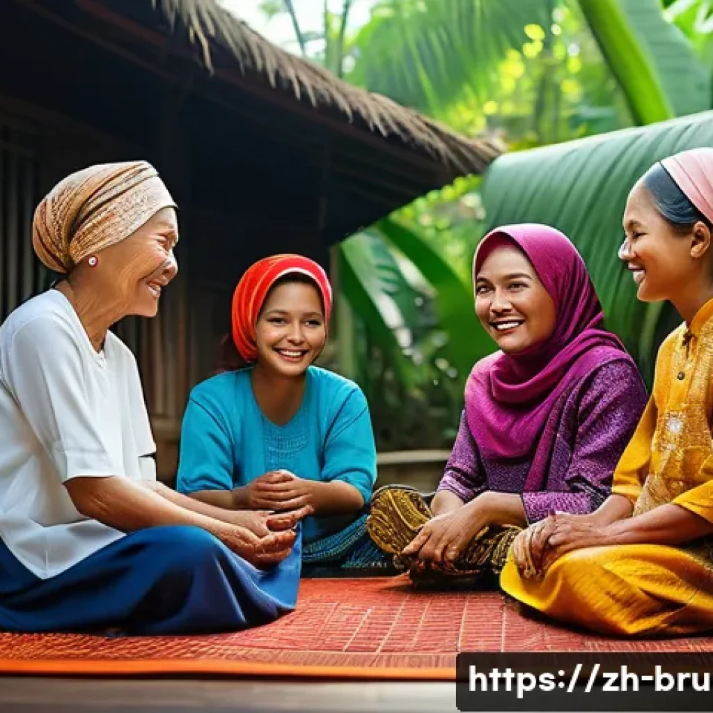 브루나이 자주 사용하는 언어 - A warm family scene in a rural Bruneian village, featuring multiple generations communicating natura...
