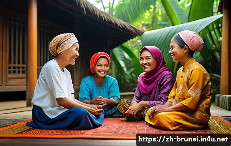 브루나이 자주 사용하는 언어 - A warm family scene in a rural Bruneian village, featuring multiple generations communicating natura...