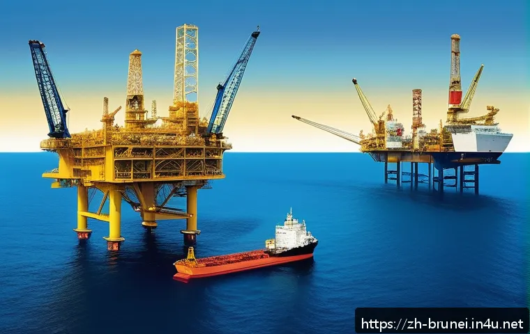 브루나이와 싱가포르 경제 비교 - A detailed and vibrant illustration of Brunei&rsquo;s oil and natural gas industry landscape: showcasing e...