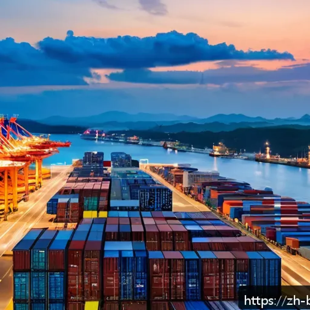 브루나이 국제 무역 협정 - A vibrant modern port scene in Brunei at sunset, showcasing advanced container cranes unloading carg...