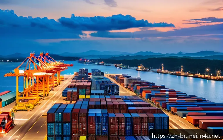 브루나이 국제 무역 협정 - A vibrant modern port scene in Brunei at sunset, showcasing advanced container cranes unloading carg...