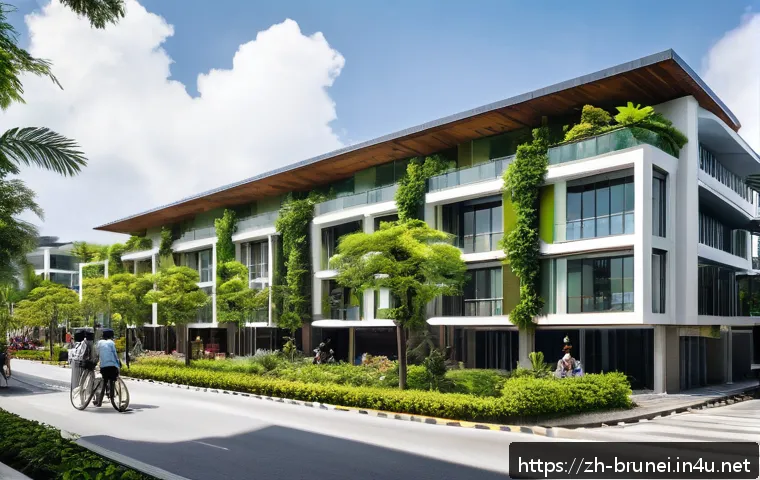 브루나이 도시 계획 - A vibrant urban scene in Brunei showcasing a compact city design with mixed-use neighborhoods; moder...