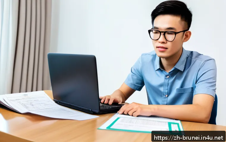 브루나이에서 운전면허 취득 - A detailed scene of a young adult preparing for a driving theory test in Brunei, sitting at a modern...