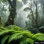 브루나이 생태 관광 - A vibrant tropical rainforest scene in Brunei during the rainy season, showcasing towering banyan tr...