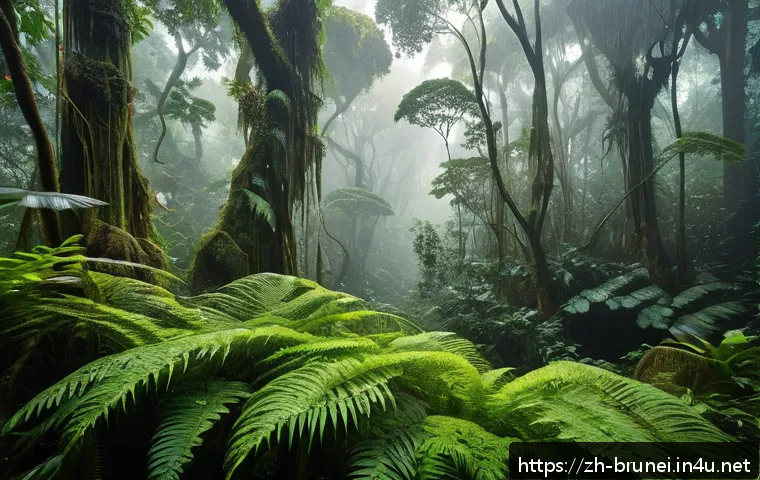 브루나이 생태 관광 - A vibrant tropical rainforest scene in Brunei during the rainy season, showcasing towering banyan tr...