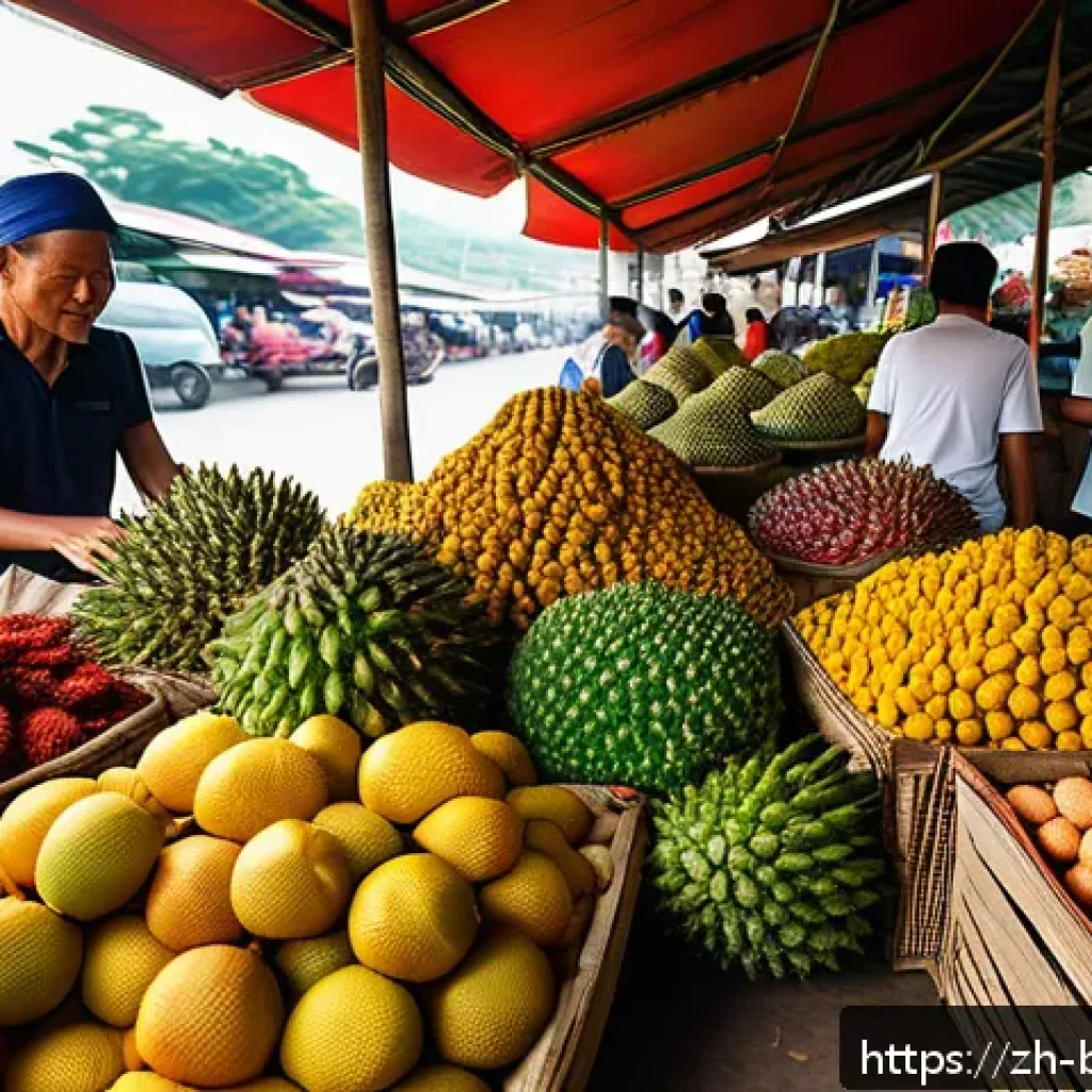 브루나이 음식 문화 - A vibrant tropical Bruneian market scene filled with an abundant display of fresh local ingredients:...