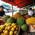 브루나이 음식 문화 - A vibrant tropical Bruneian market scene filled with an abundant display of fresh local ingredients:...