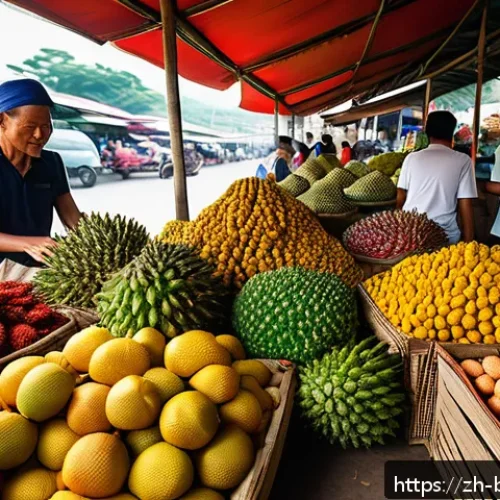 브루나이 음식 문화 - A vibrant tropical Bruneian market scene filled with an abundant display of fresh local ingredients:...