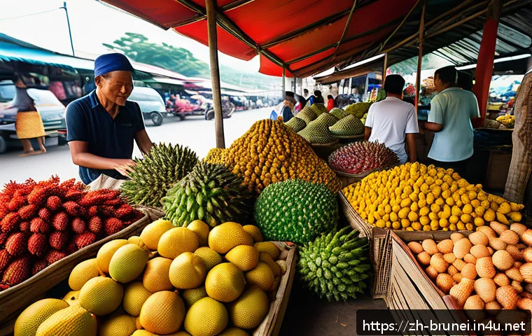 브루나이 음식 문화 - A vibrant tropical Bruneian market scene filled with an abundant display of fresh local ingredients:...