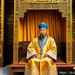 브루나이 역사적 인물 - A dignified Bruneian Sultan in traditional royal attire, seated on an ornate golden throne inside a ...