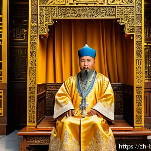 브루나이 역사적 인물 - A dignified Bruneian Sultan in traditional royal attire, seated on an ornate golden throne inside a ...