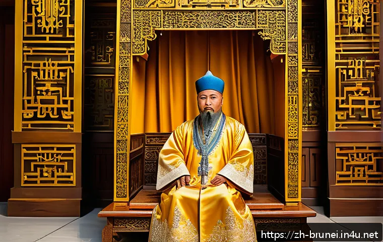 브루나이 역사적 인물 - A dignified Bruneian Sultan in traditional royal attire, seated on an ornate golden throne inside a ...