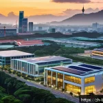 브루나이 투자 가이드 - A modern Southeast Asian business district in Brunei at sunrise, showcasing sleek office buildings w...