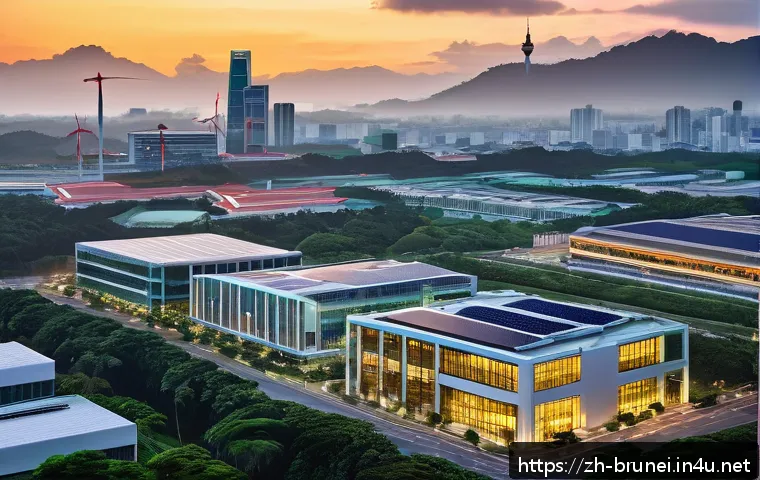 브루나이 투자 가이드 - A modern Southeast Asian business district in Brunei at sunrise, showcasing sleek office buildings w...