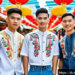 브루나이의 젊은 세대 트렌드 - A vibrant street fashion scene in Brunei featuring young adults wearing a creative fusion of traditi...