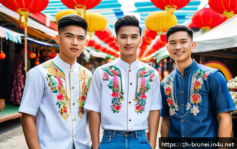 브루나이의 젊은 세대 트렌드 - A vibrant street fashion scene in Brunei featuring young adults wearing a creative fusion of traditi...