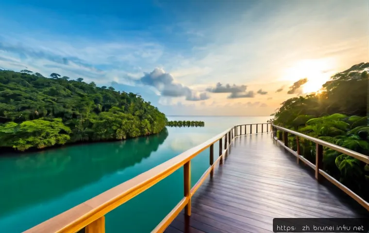 브루나이 리조트 추천 - Photorealistic luxury rainforest resort in Brunei, elegant private overwater villa beside a calm tro...