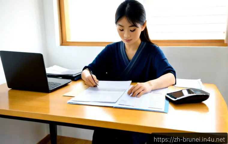 브루나이의 비자 신청 절차 - Photorealistic visa application preparation scene, an East Asian traveler seated at a clean home off...